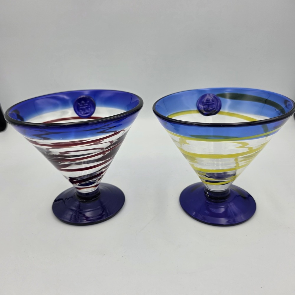2 Kosta Boda Royal Caribbean Spiral Margarita Martini Glasses Swirl Red Yellow